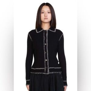 Rihoas Sweater with White Stitching and Ruffled Sleeves Button Down Stretchy